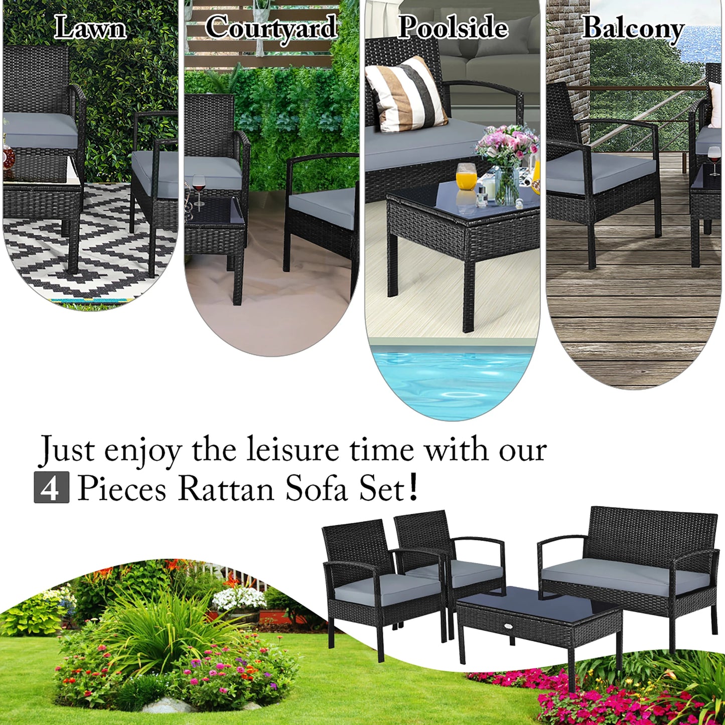 4pcs Black Rattan Wicker Furniture Set for Patio