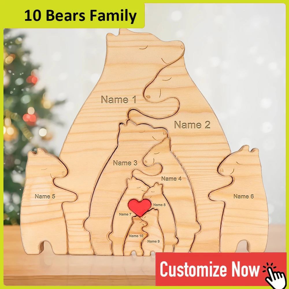 Personalized Custom Bear Family Wooden Puzzle – DIY Name Engraved Sculpture Figurine for Home Desk Decor, Christmas & Birthday Gift