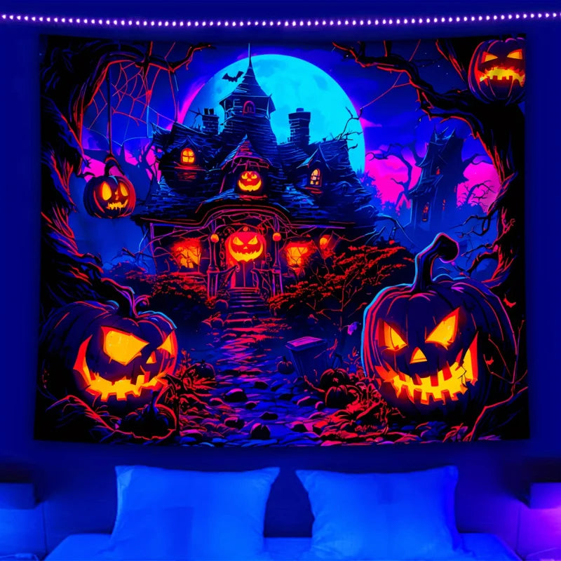 Glow-in-the-Dark Pumpkin House Wall Tapestry – Halloween Party & Home Décor with Easy Install Kit