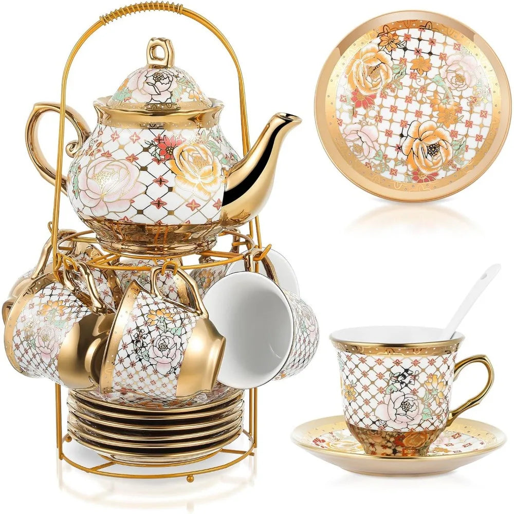 Elegant Ceramic Tea Party Set for Adults – European Floral Teapot, Teacup, Saucer & Spoon Set – Large Fresh Style