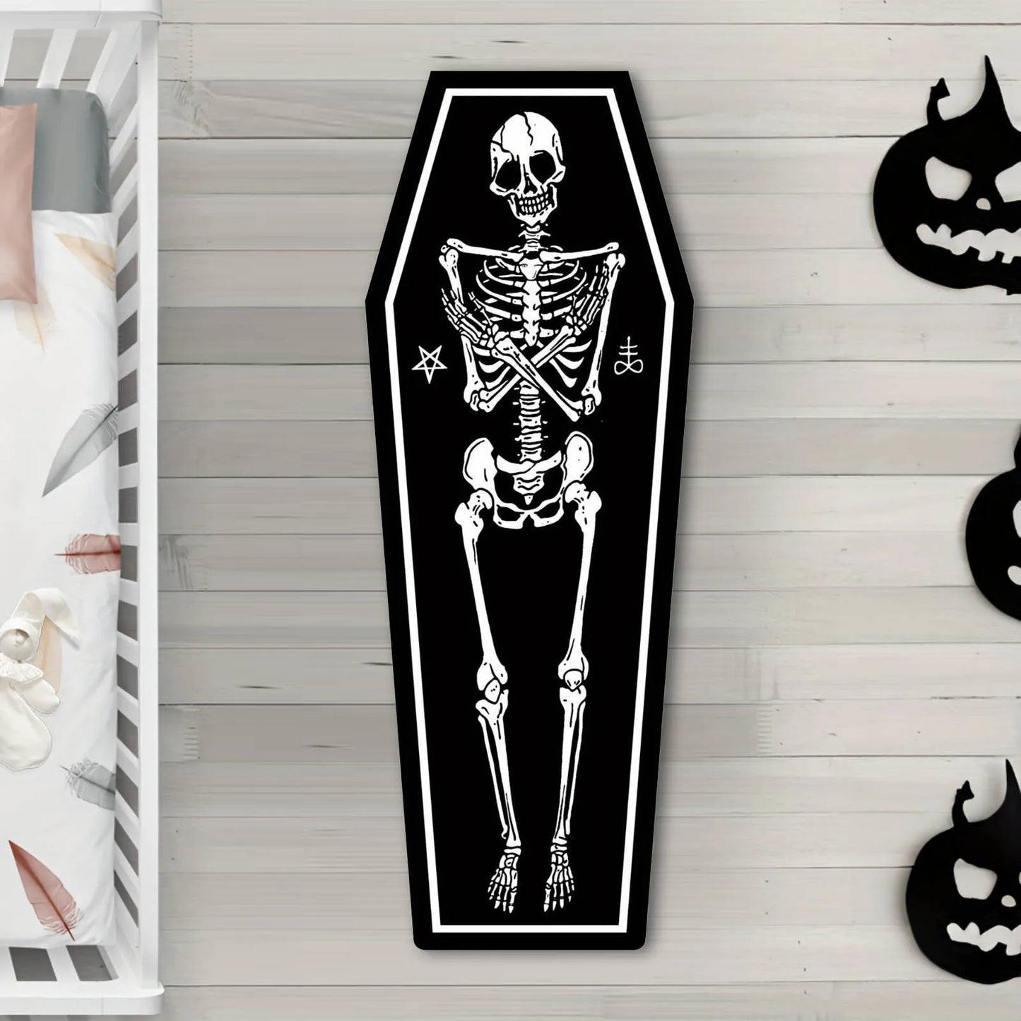 Gothic Halloween Skull & Coffin Carpet – Washable Horror Floor Mat for Bedroom, Living Room & Entryway