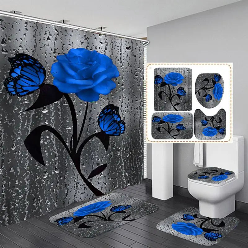 4PCS Bathroom Shower Curtain Set with Non-Slip Rugs, Toilet Seat Cover, Bath Mat & Doormat – Waterproof & Durable Bathroom Home Decor