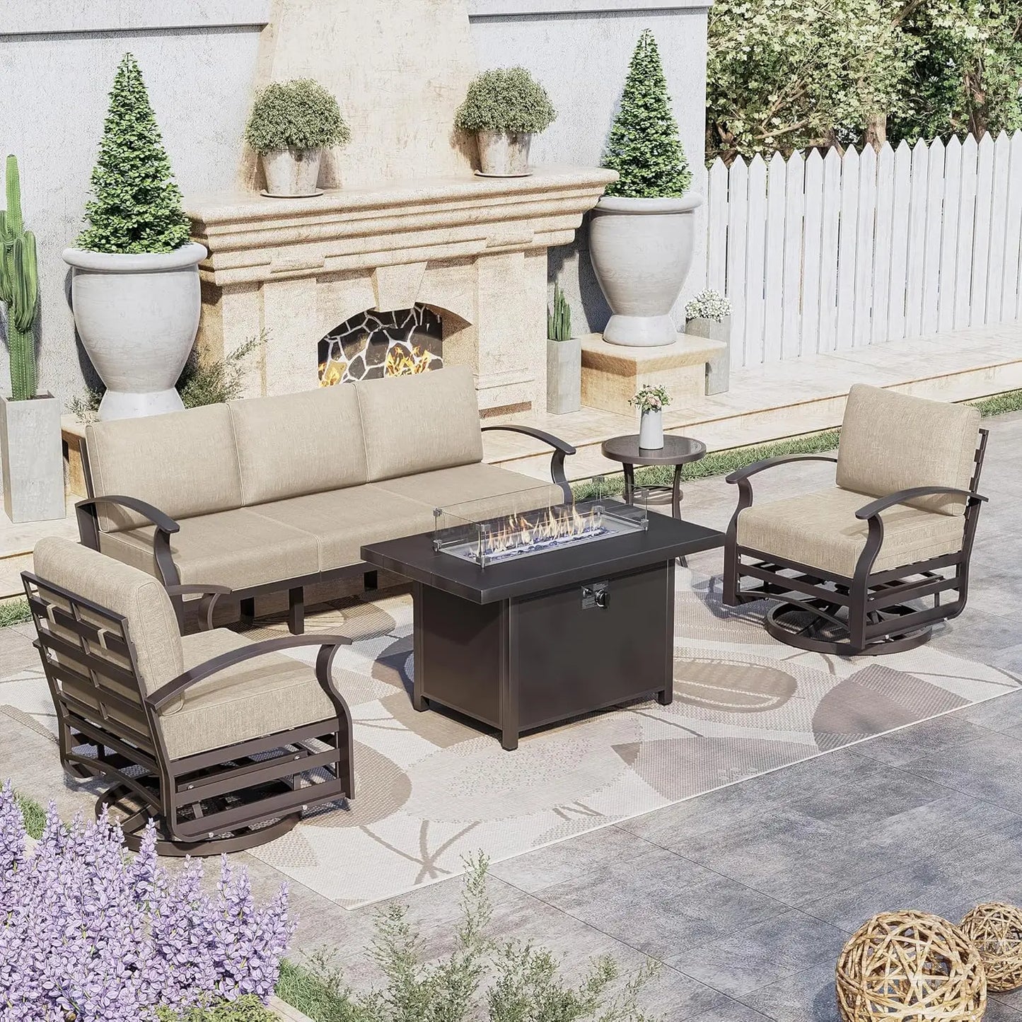 Aluminum Patio Furniture Set with Fire Pit Table – Swivel Chair Metal Sectional Sofa with Upgraded Cushions for Outdoor Patio, Deck, or Backyard
