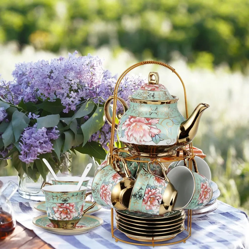 Elegant Ceramic Tea Party Set for Adults – European Floral Teapot, Teacup, Saucer & Spoon Set – Large Fresh Style
