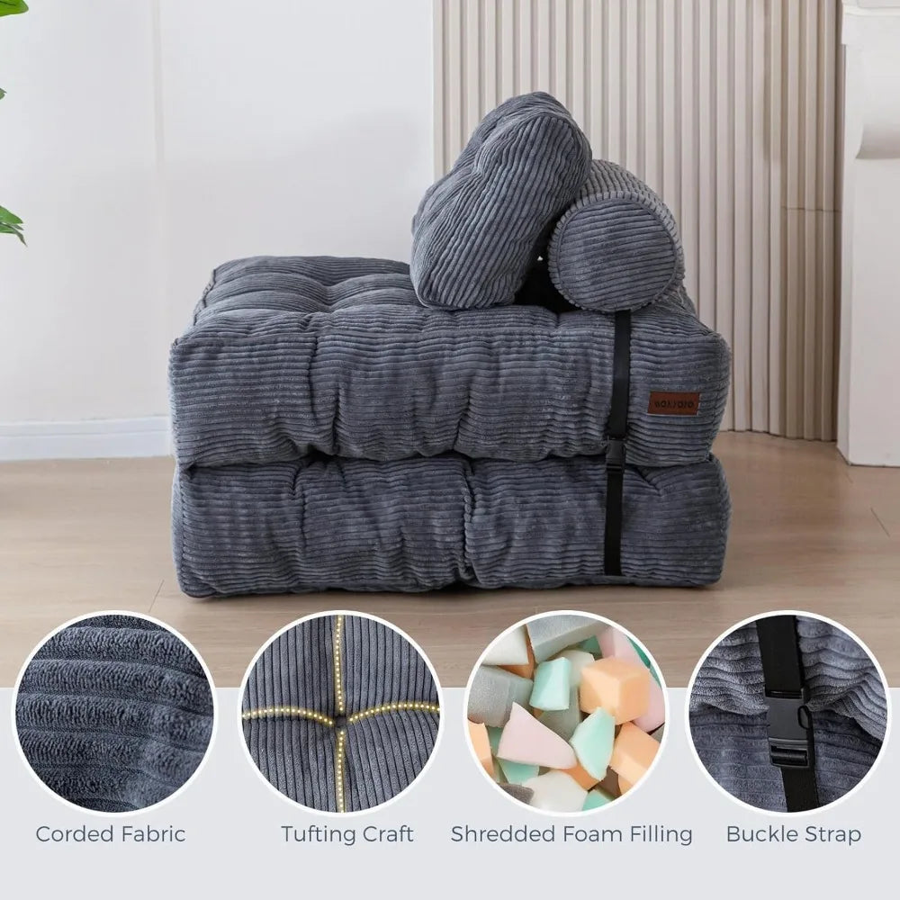 Folding Sofa Bed – Portable Sleeper Chair with Pillow & Mattress, Back Support, Comfy Floor Sofa Lounge