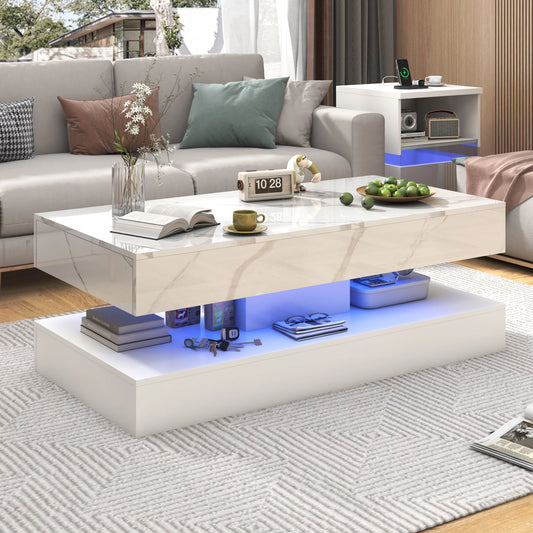 Modern Stylish Coffee Table with LED Lights & Double-Layer Design