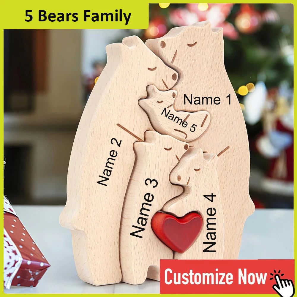 Personalized Custom Bear Family Wooden Puzzle – DIY Name Engraved Sculpture Figurine for Home Desk Decor, Christmas & Birthday Gift