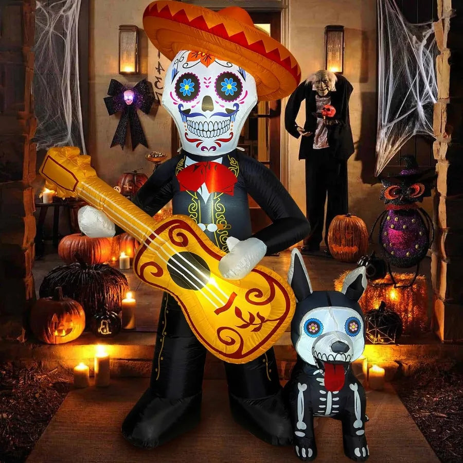 6 FT Halloween Inflatable Day of the Dead Decoration – Blow-Up Sugar Skull Guitar & Skeleton Dog for Yard or Garden