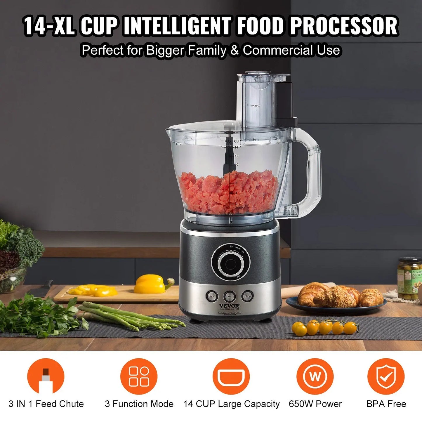 14-Cup Food Processor with 650W Motor – Stainless Steel Blade, Vegetable Chopper for Slicing, Mixing, Pureeing & Dough Kneading