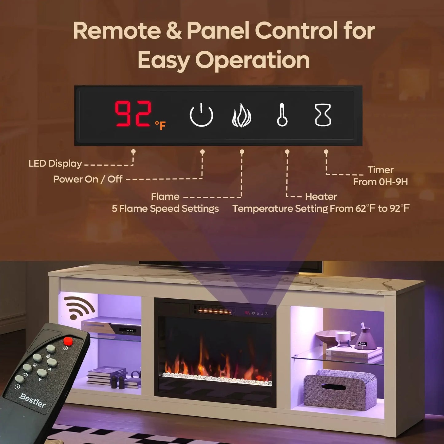 White Marble Electric 7 Color LED Fireplace TV Stand for TVs up to 70",