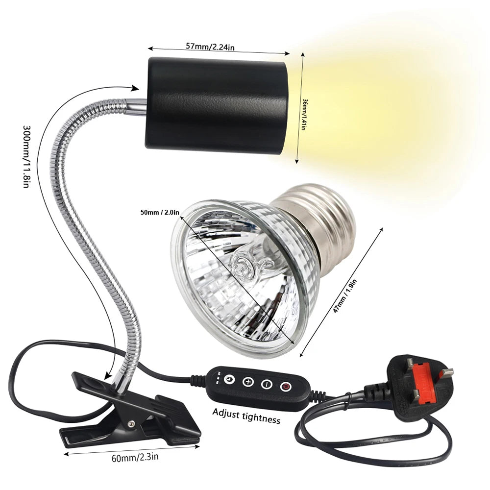 Reptile Heat Lamp Bulb with Clip-On Fixture – Dimmable UVA/UVB Basking Light for Turtles, Tortoises, Lizards & Amphibians with Timer Function