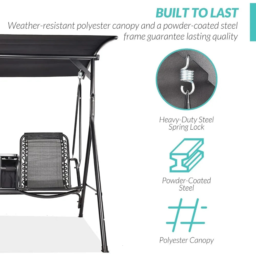 2 Seat Outdoor Patio Swing Chair Outdoor Canopy Swing Glider with Pivot Storage Table, Cup Holder, Adjustable Shade