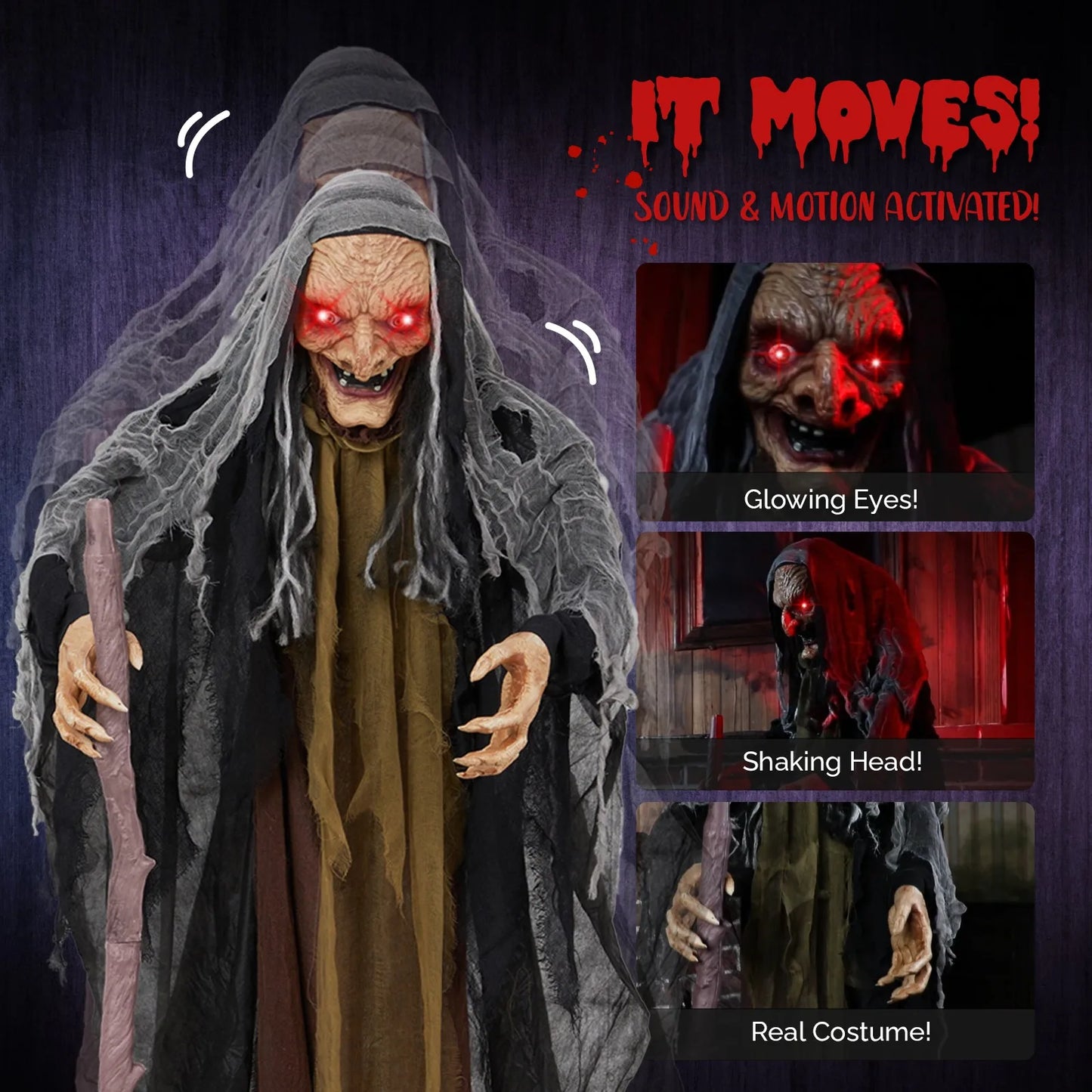 5.3FT Talking Halloween Witch with Cane – Outdoor Spooky Decoration with Glowing Eyes & Sound Effects