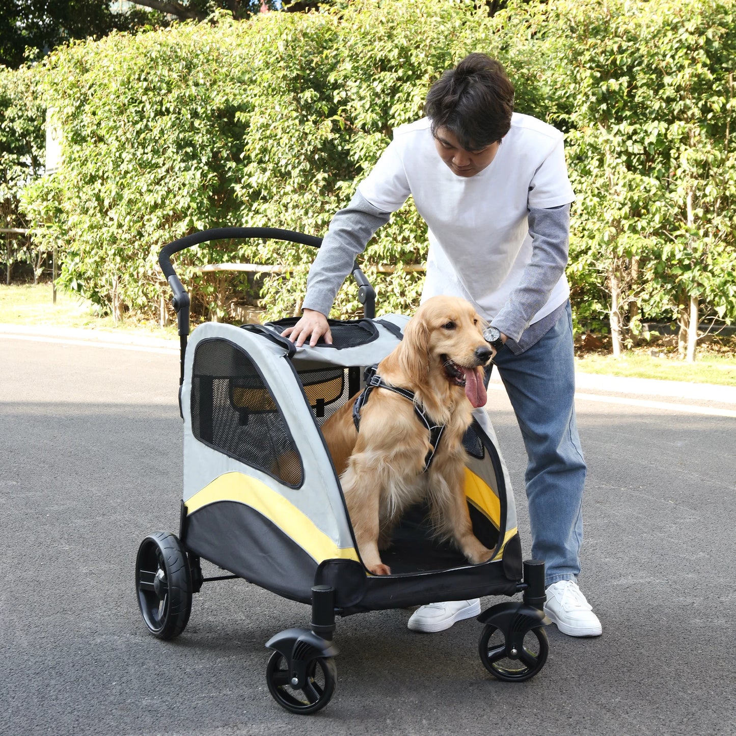 Ultra-Large 4-Wheel Dog Stroller – Foldable Pet Jogger Wagon for Travel & Outdoor Adventures – Heavy-Duty Trolley Holds Up to 55kg