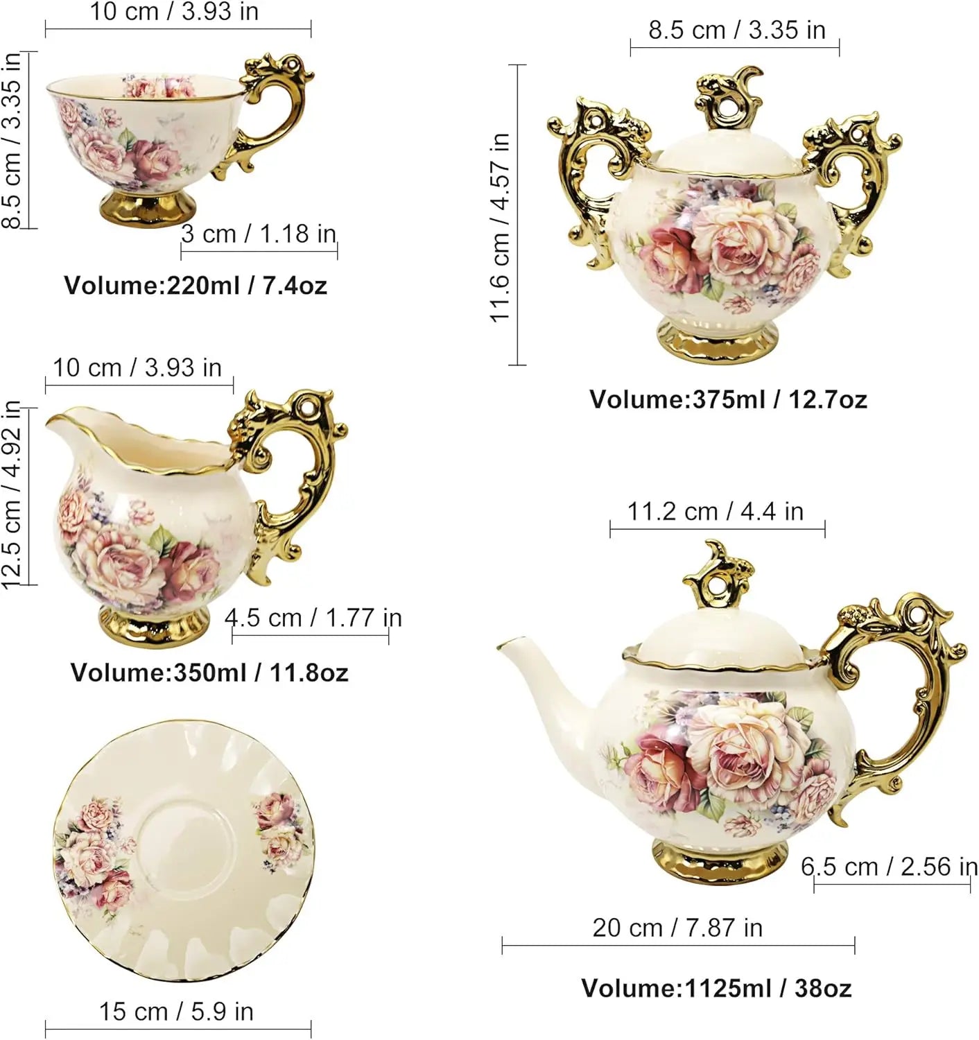 15-Piece British Porcelain Tea Set – Vintage Floral China Coffee Service with Large Tea Cups – Elegant Wedding & Adult Tea Party Set