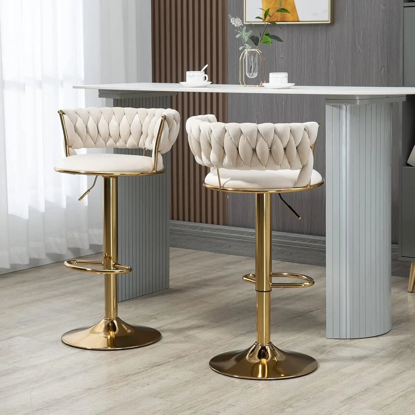 Swivel Velvet Bar Stools – Set of 3 Adjustable Counter Height Modern Bar Chairs