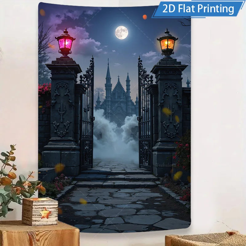 Halloween Wall Tapestry – Gothic Skull Witch with Pumpkins, Spooky Horror Décor for Home, Bedroom, or Party