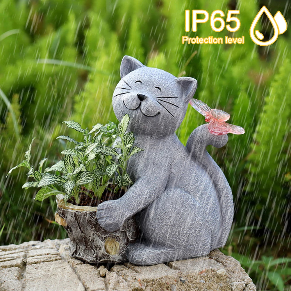 Solar Powered Animal Planter with Light Resin Cat Artwork Flower Pot Creative Kitten Succulent Pot for Cabinet Backyard