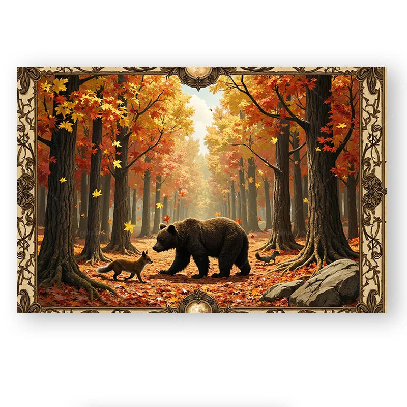 Autumn Forest Wall Tapestry – Bear & Fox Rustic Nature Wall Art for Living Room, Bedroom, Dorm, or Home