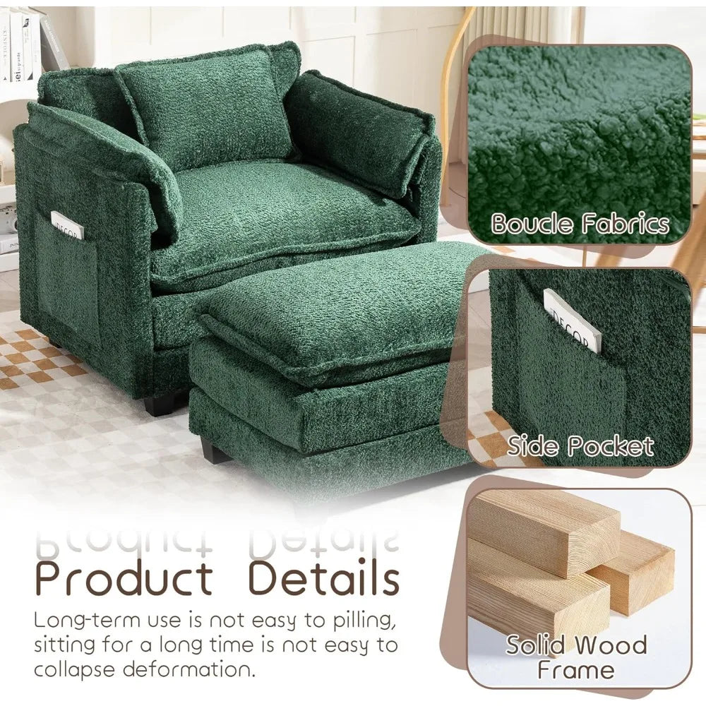 Oversized Boucle Accent Chair with Storage Ottoman – Cozy Double Cushion Reading Armchair, Deep Seating Lounge Chair for Living Room, Bedroom, or Apartment