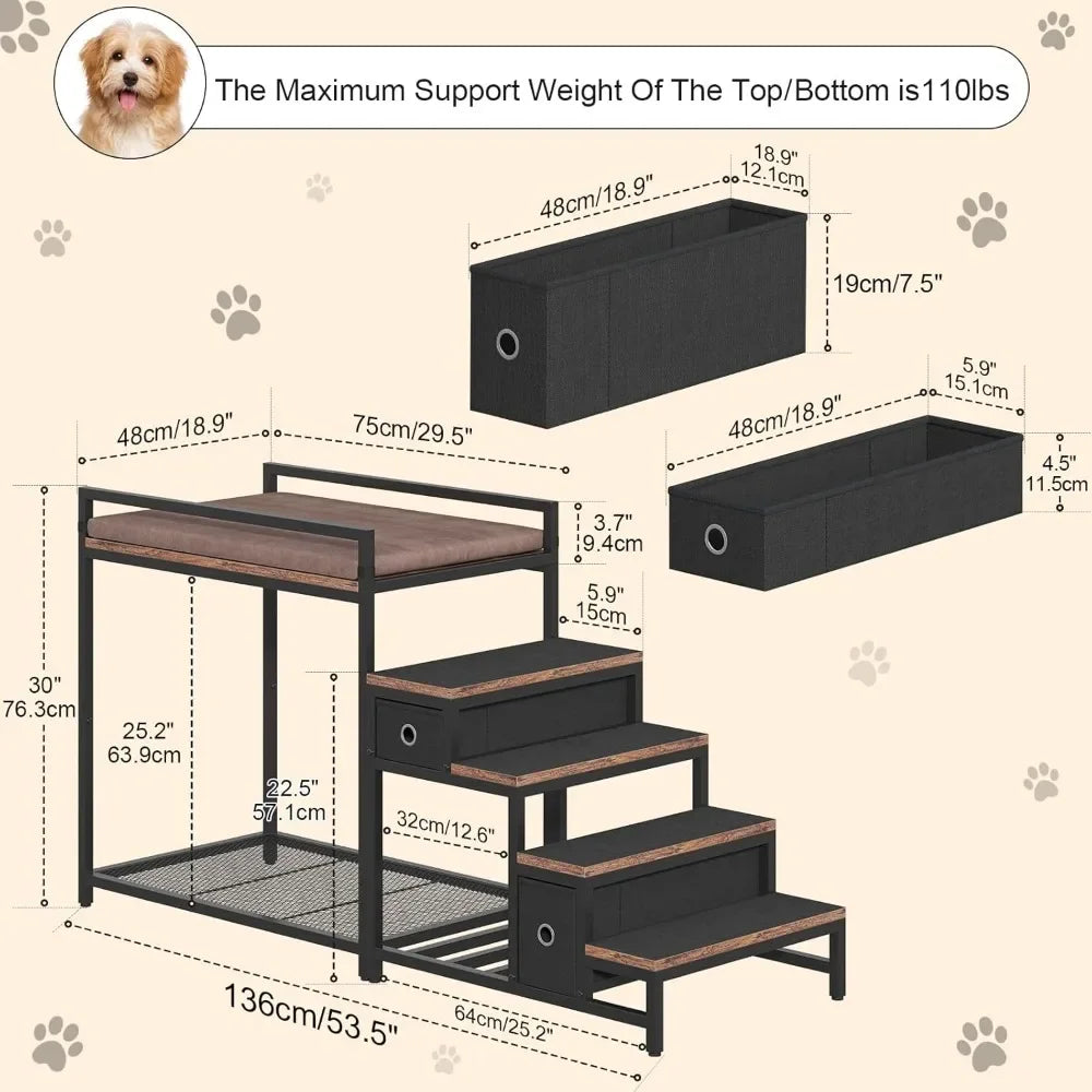 Pet Bunk Bed with Stairs & Storage – Multi-Level Elevated Dog & Cat Bed with Window Perch & Bedside Lounge
