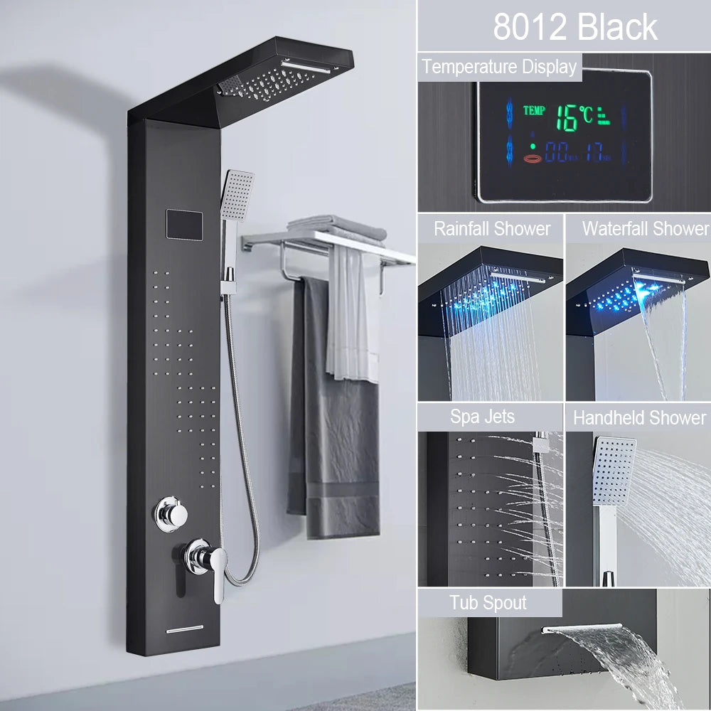 LED Shower Panel Tower System with Waterfall & Rainfall – Digital Display SPA Shower Faucet Set with Massage Jets & Mixer Tap