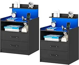 Set of 2 Nightstands with LED Lights & Charging Station – Modern Bedside Tables with Drawers, USB Ports & Open Storage