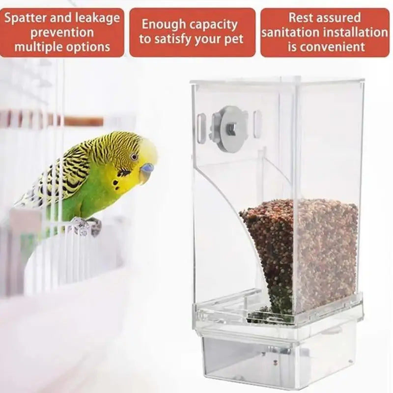 No-Mess Automatic Parrot Food Feeder – Clear Acrylic Bird Seed Container for Small & Medium Parakeets, Cage-Mounted Bird Feeding Accessory