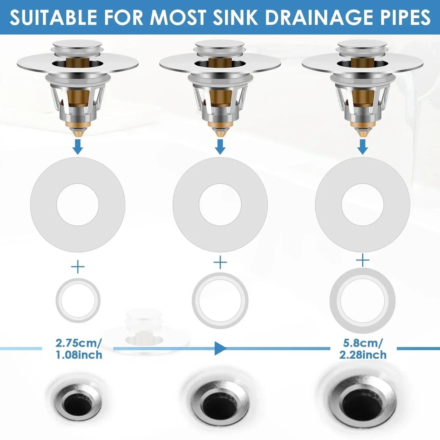 2Pcs Universal Sink Plug with Strainer – Copper Push Pop-Up Sink Stopper for Bathroom or Kitchen, Fits 27.5–58mm Drain Holes