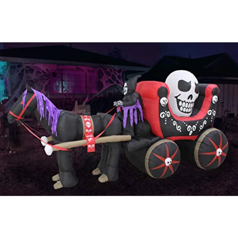 12-Foot Halloween Inflatable Skeleton Carriage – Lighted Outdoor/Indoor Blow-Up Decoration with Ghost, Skull & LED Lights