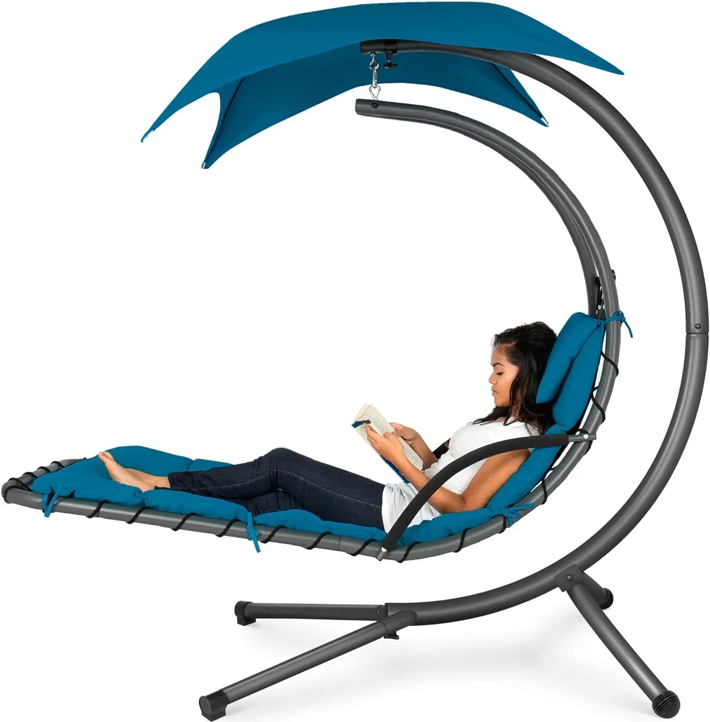 Outdoor Hanging Curved Steel Chaise Lounge Chair Swing w/Built-in Pillow and Removable Canopy