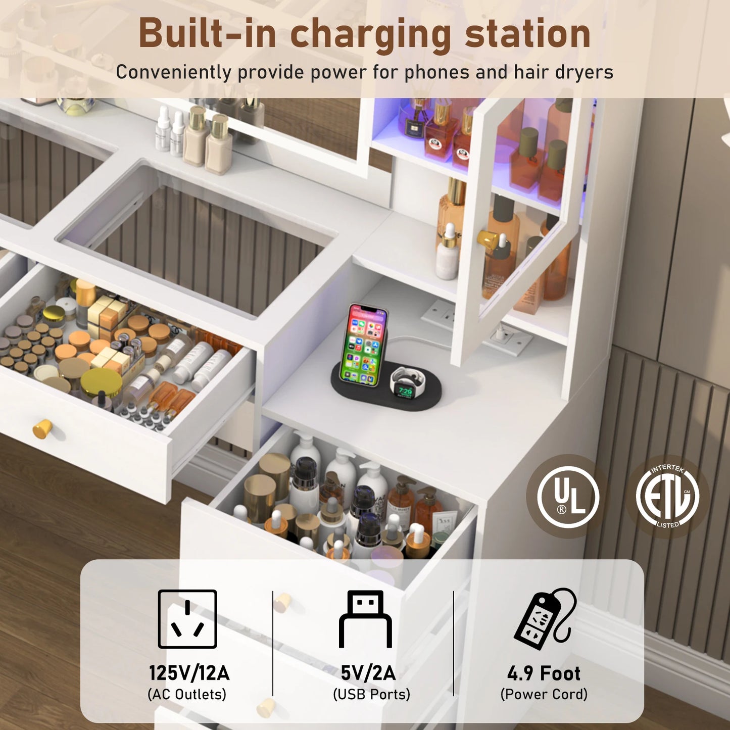 61.7" Large Vanity Desk with Mirror and Lights – Makeup Vanity with Charging Station, Sliding Drawers & Glass Door Cabinets