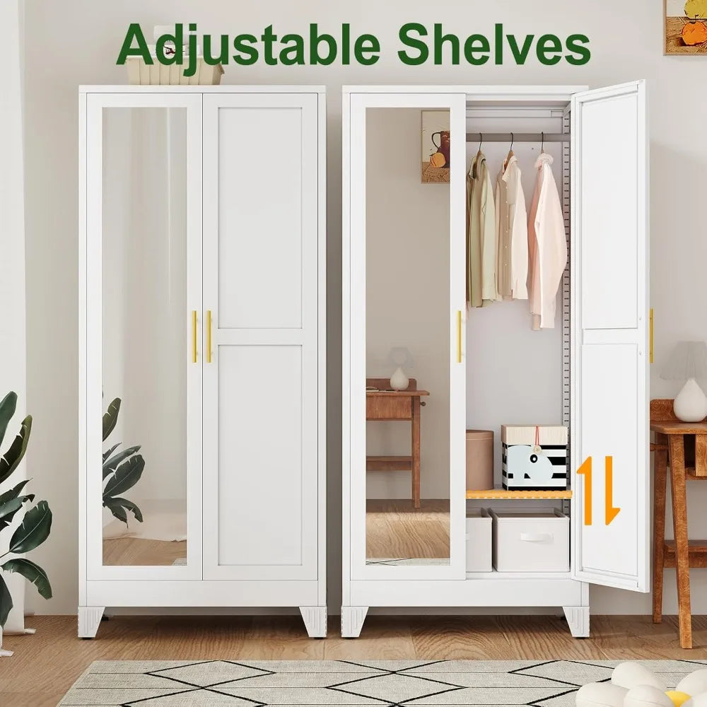 71" Metal Armoire Wardrobe with 2 Mirrored Doors – Adjustable Shelves, Hanging Rod & Safety Anchor | Modern Storage Cabinet for Bedroom, Office & Laundry Room