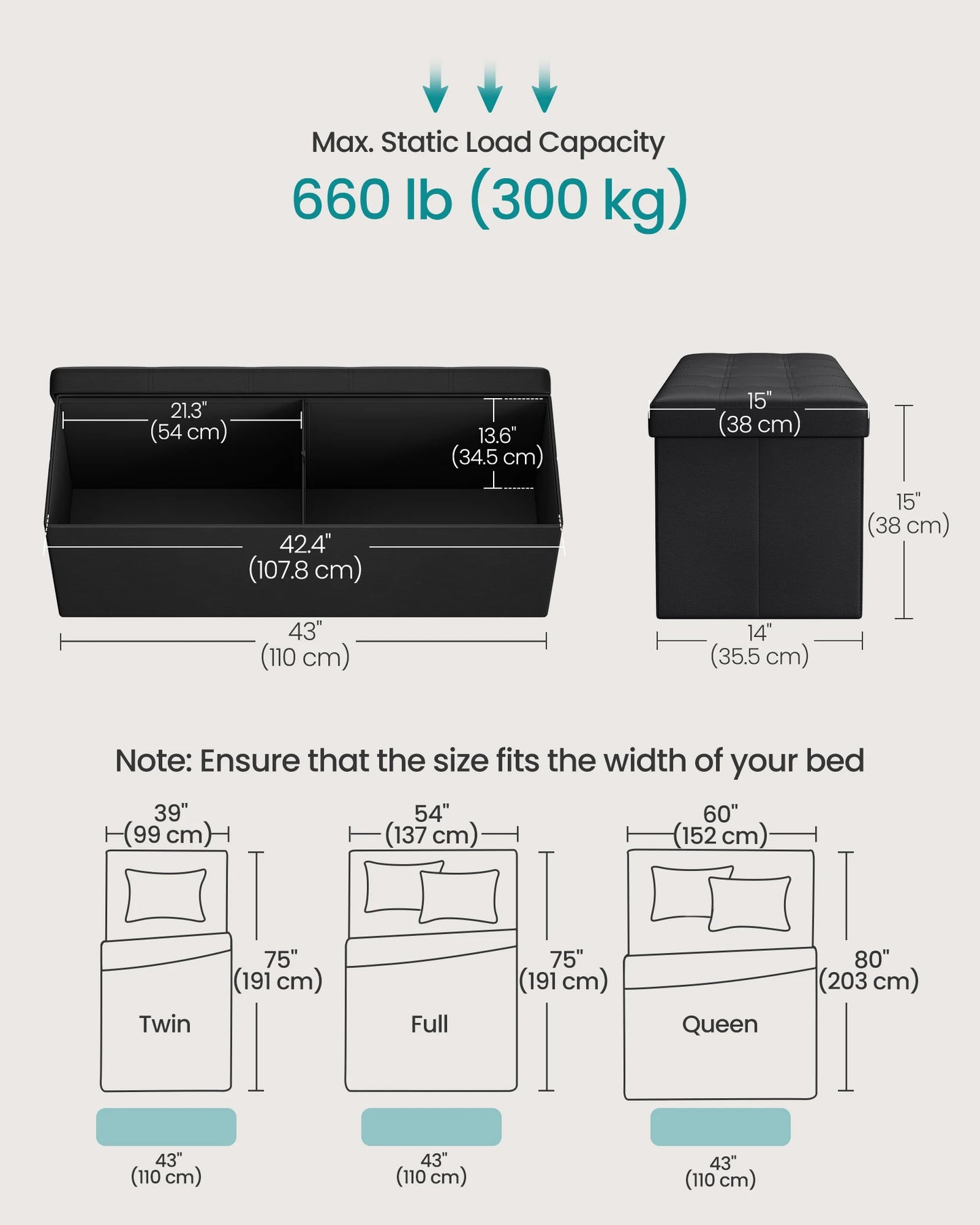 SONGMICS 43” Folding Storage Ottoman Bench – Versatile Storage Chest, Footrest & Coffee Table