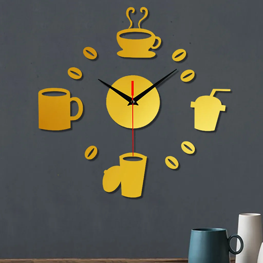 3D Self Adhesive Mirror Wall Clock –  Functional Art for Coffee Lovers