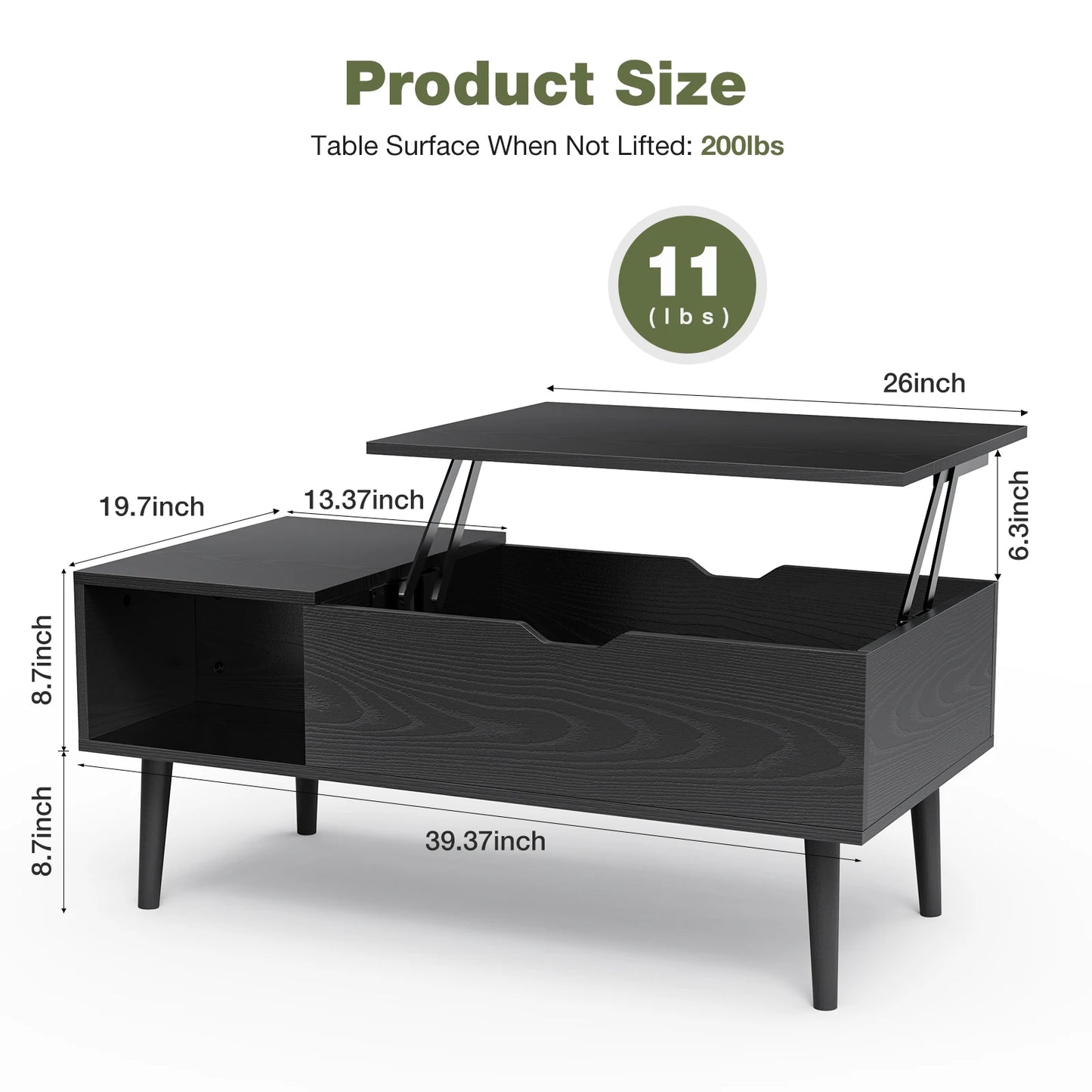 JHK Lift Top Coffee Table – 39.37"x19.7" Adjustable Wood Coffee Table with Hidden Storage & Open Shelf – Easy Lift or Lower for Living Room, Work, or Dining