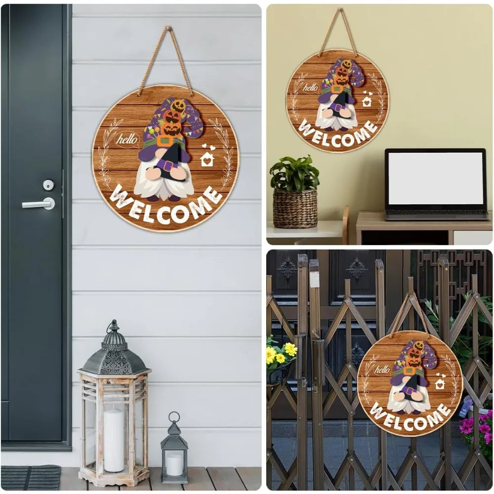 Interchangeable Gnome Welcome Sign – Seasonal Wooden Door Decoration with Changeable Holiday Gnomes for Front Porch, Wall & Home Décor