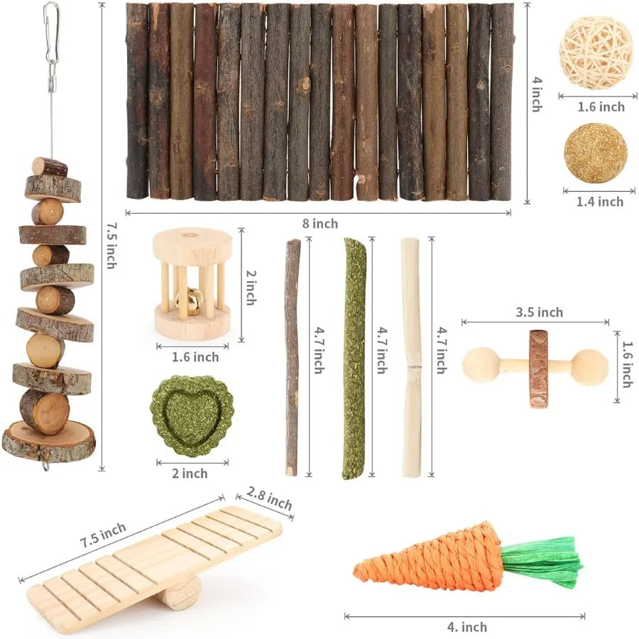 12-Piece Hamster Cage Accessories Set – Natural Wooden Chew Toys, Seesaw, Hideout, Climbing Toys for Guinea Pigs, Chinchillas, Gerbils, Mice, Rats, Rabbits & Bunnies