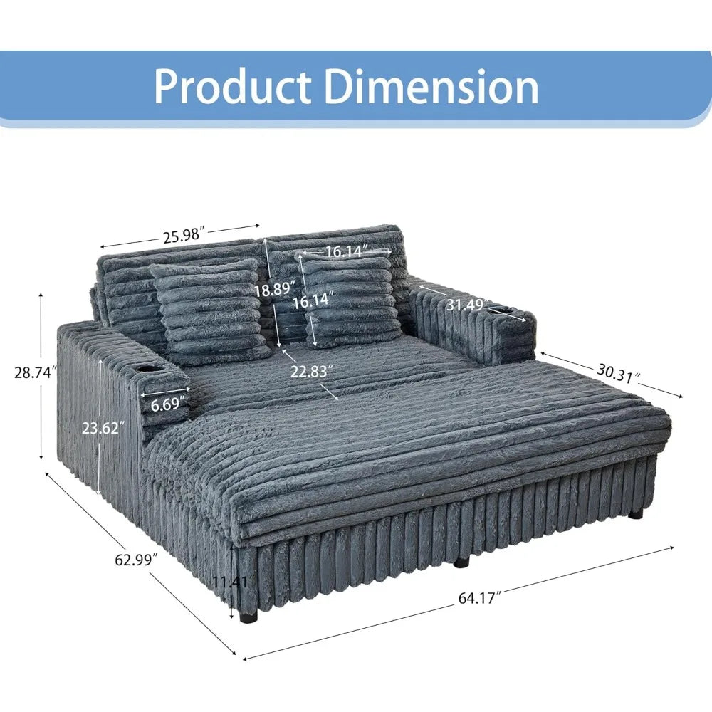 63" Plush Faux Rabbit Fur Corduroy Chaise Loveseat – USB Charging Station, Cup Holder & Pillows Included