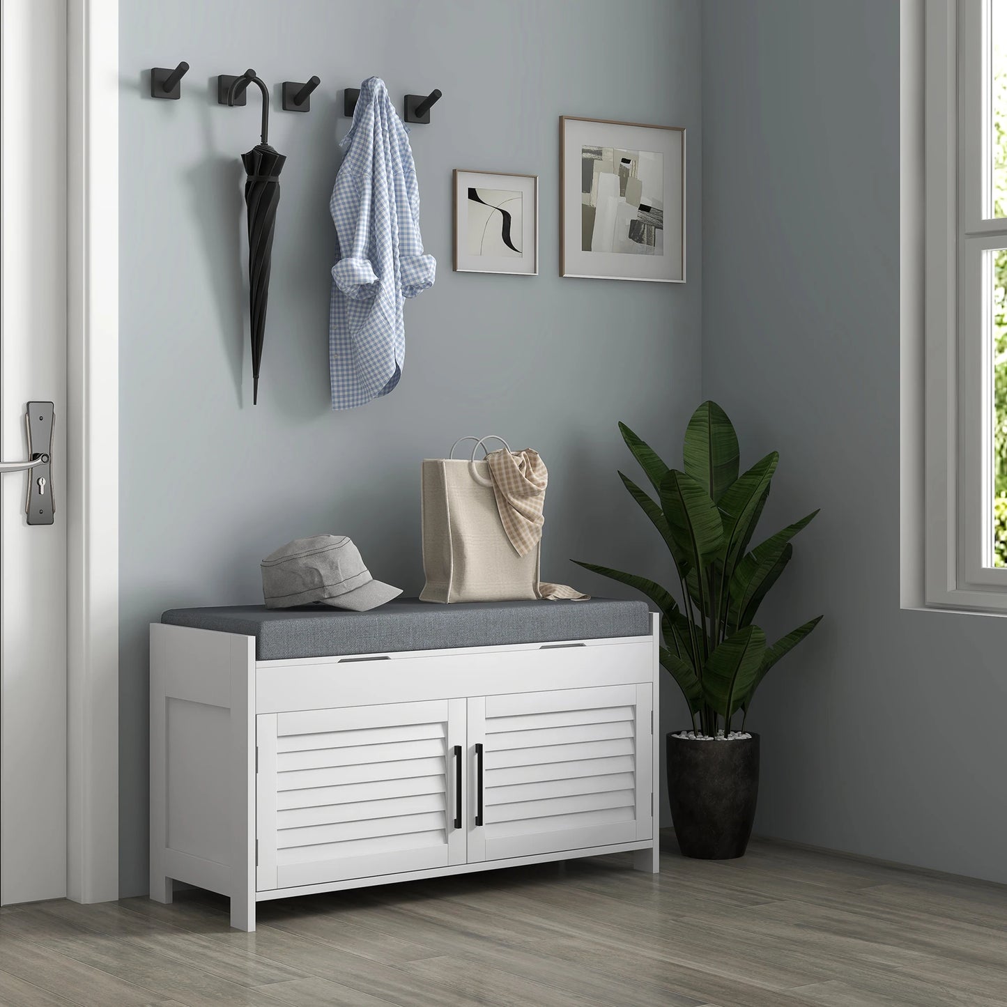 Entryway Shoe Bench with Cushion and Hidden Compartments