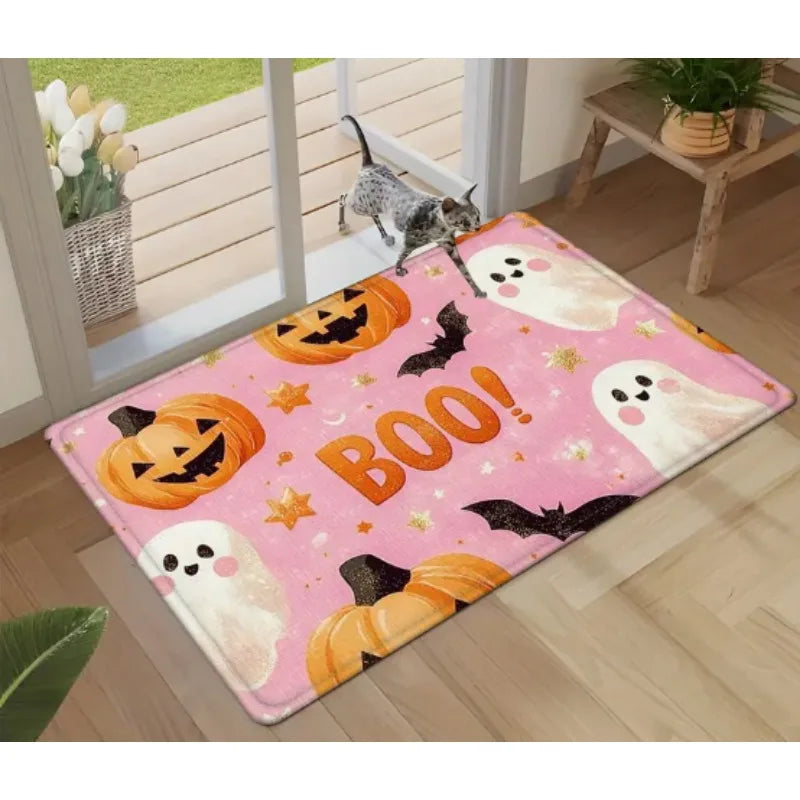 Ghostly Pumpkin Pattern Print Non-Slip Area Rug – Machine Washable, Perfect for Entry, Kitchen, Living Room & Bedroom