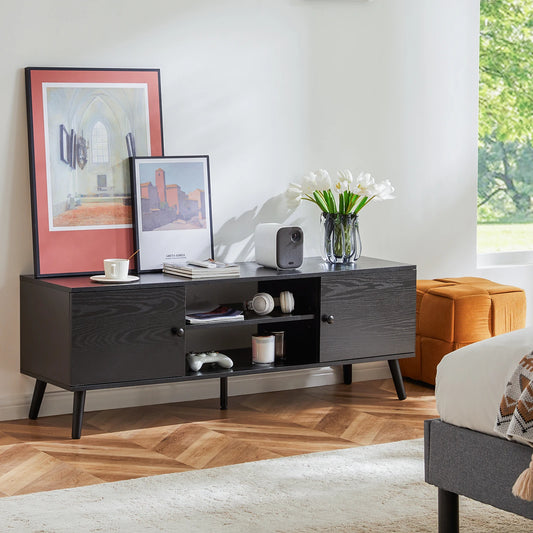 JHK Wooden Fireplace TV Stand for TVs up to 60” – Entertainment Center with Electric Fireplace, Adjustable Shelf & 2 Storage Cabinets
