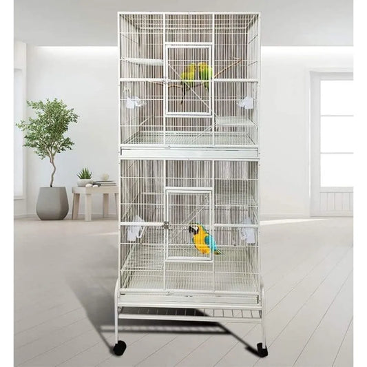 X-Large Stackable Double Bird Parrot Cage – 2 Separate 3-Level Enclosures with Side Breeding Nest Doors & Pull-Out Trays