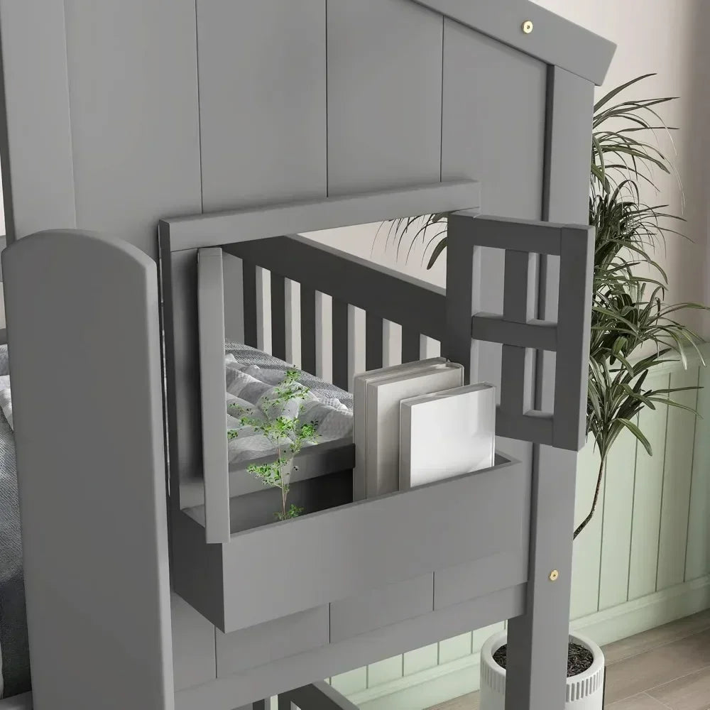 Twin Size House Bunk Bed Frame – Wooden Floor Bed Base with Roof, Window, Door & Flower Box – Playhouse Style Kids Bunk Bed