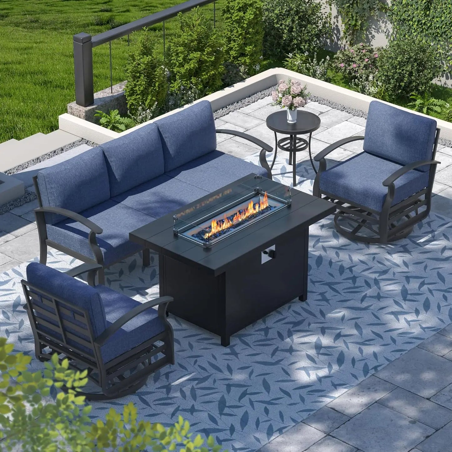 Aluminum Patio Furniture Set with Fire Pit Table – Swivel Chair Metal Sectional Sofa with Upgraded Cushions for Outdoor Patio, Deck, or Backyard