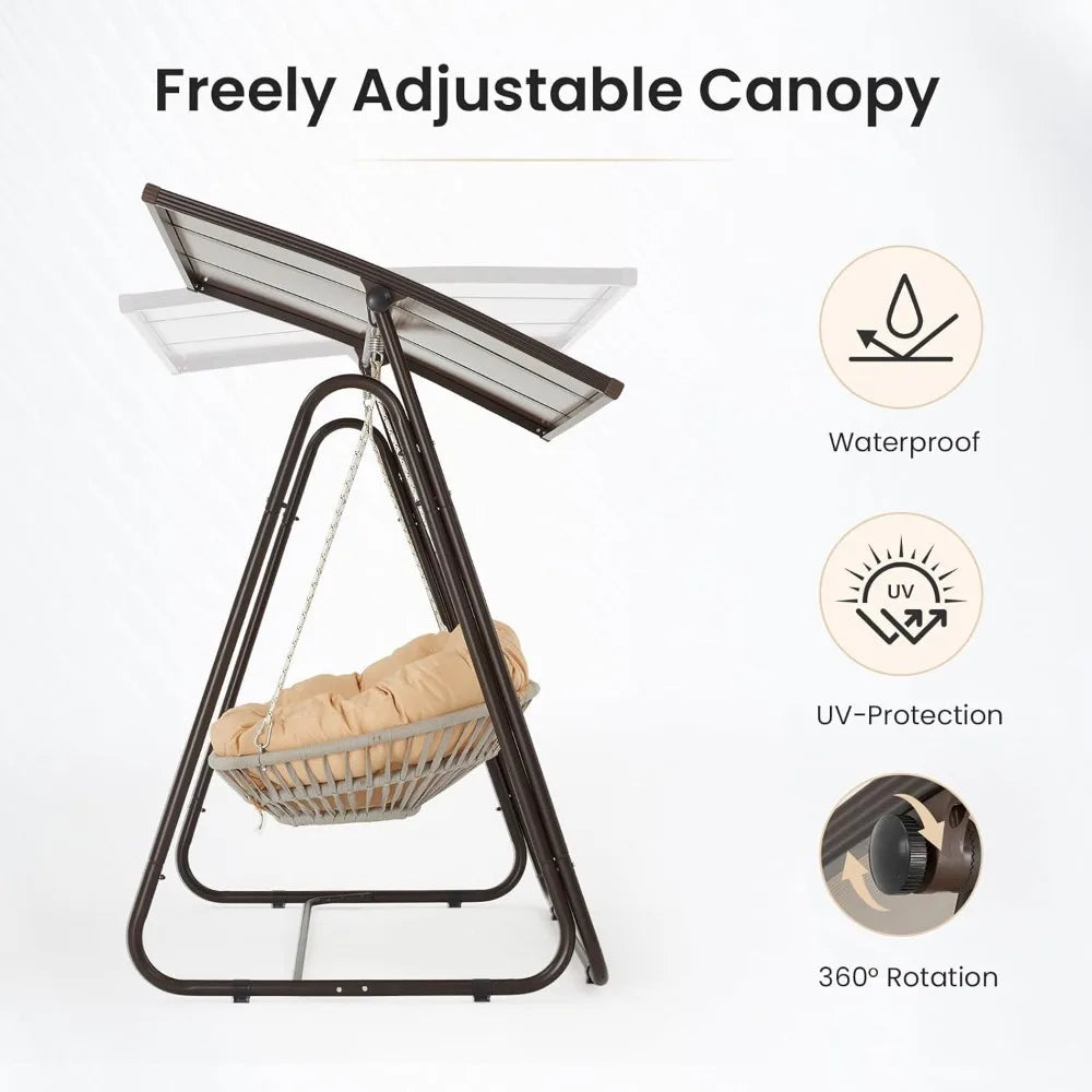 2-Person Outdoor Porch Swing with Adjustable Hardtop Canopy & 5.9" Thick Cushions – Weather-Resistant Rattan Patio Swing Chair