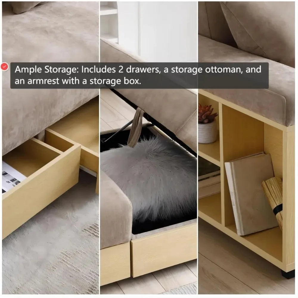 Convertible Sofa Bed with Storage Ottoman, Adjustable Armrest & Coffee Table