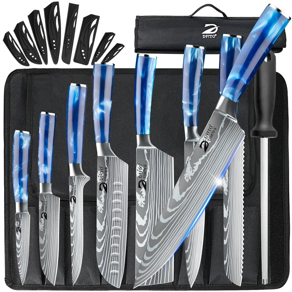 8-Piece Kitchen Knife Set – Damascus Stainless Steel Chef, Utility, Paring, Boning, Cleaver, Slicing & Santoku Knives with Nylon Bag