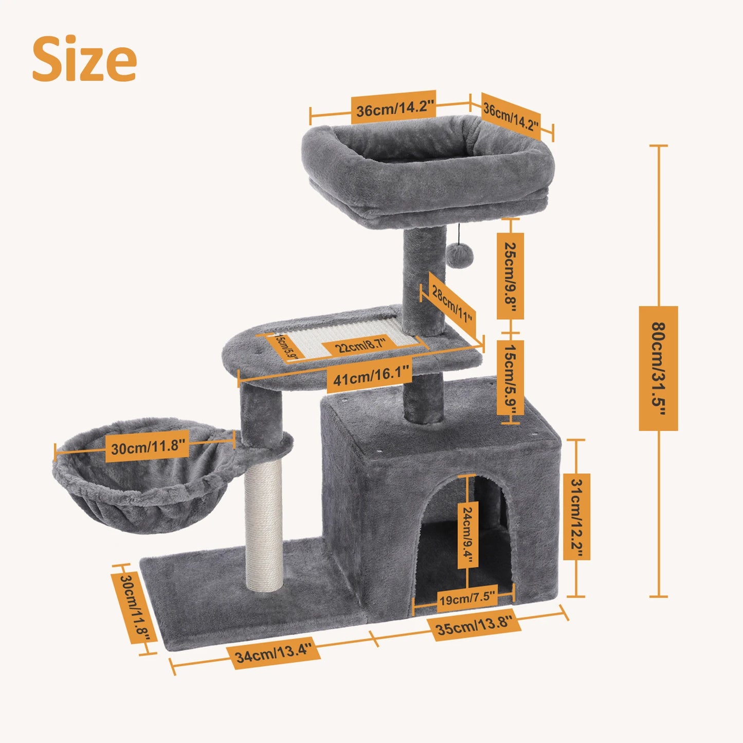 CozyCat™ 2-in-1 Cat Tree Tower – Indoor Cat Activity Center with Scratching Posts, Big Hammock & Removable Top Perch (Grey)