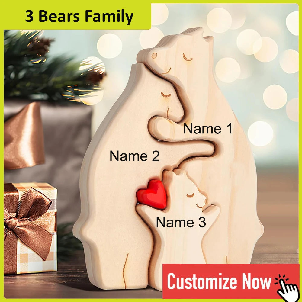 Personalized Custom Bear Family Wooden Puzzle – DIY Name Engraved Sculpture Figurine for Home Desk Decor, Christmas & Birthday Gift